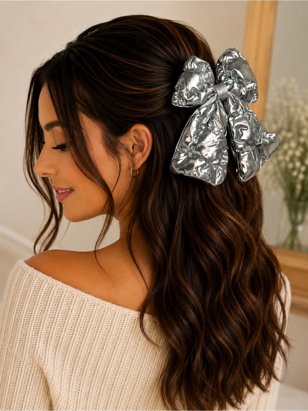 Goody Luxe Limited Edition Metallic Silver Puffer Bow Barrette Tight Hair NWT